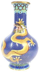 龍の装飾が気品高い逸品！中国美術 中国七宝花瓶 1990年代 美しい瑠璃色も魅力的です。 FEM512