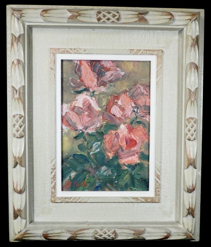 A work that vividly expresses pink flowers! Vintage Oil Painting Still Life Framed Item Flowers KEK512, painting, oil painting, Nature, Landscape painting