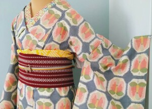 美品 ポップ 林檎の様な柄 小紋 紬 アンティーク 着丈150 レディース 袷 広衿 銘仙風