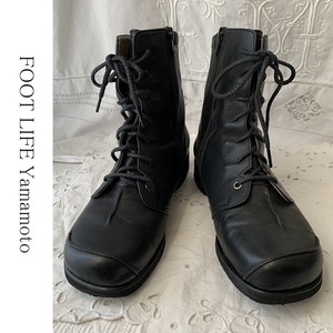 フットライフヤマモト　FOOT LIFE Yamamoto 　本革レザー　レースアップブーツ　ミドルブーツ　黒ブラック　２３，５ｃｍ　