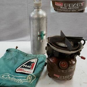 1円〜【点火◎】 ⑧ Coleman コールマン PEAK1#400 STOVE 1981年8月製+白灯油簡易缶+専用袋 まとめ ビンテージ シングルバーナー ストーブ