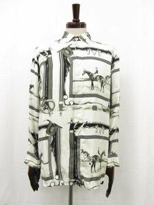 美品【エトロ ETRO】シルク素材 プリント柄 比翼ボタン ワイドカラー長袖シャツ(メンズ) sizeL 白系×黒 伊製 202-1K819-5778 ●29MB3195●