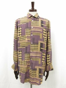 超美品【エトロ ETRO】シルク素材 千鳥プリント柄 ワイドカラー 長袖シャツ (メンズ)42 パープル×ベージュ 伊製 192-11451-5736●29MB3194