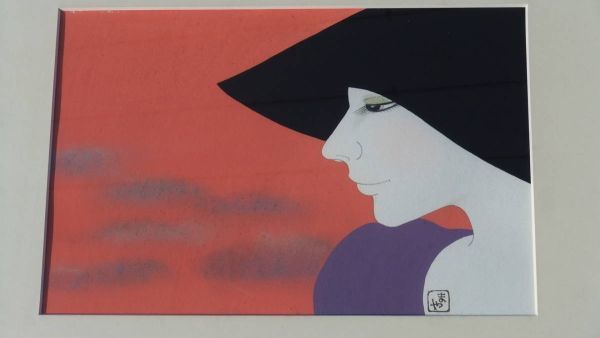 모자를 쓴 마야 레이 여성 (6) 석판화 수채화 초상화 아름다운 여성 초상화 헤어 및 네일 살롱에 딱 맞습니다. 사이즈 W530 L420 D25, 그림, 수채화, 초상화