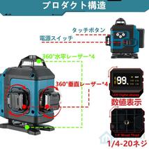 1円 レーザー墨出し器 4x360°グリーンレーザー 水平器 16ライン IP65防塵防水 輝度調整 自動補正 リモコン操作 25メートル バッテリー2個_画像9