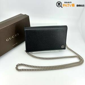 美品 グッチ GUCCI チェーンウォレットバッグ 466506 レザー クラッチバッグ ブラック ゴールド金具 インターロッキングG