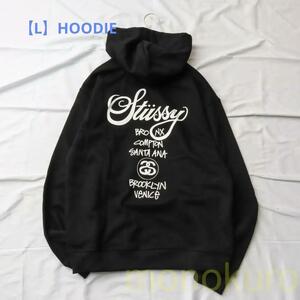 【L】新品 タグ付き STUSSY ステューシー WORLD TOUR HOODIE パーカー 大きい 裏起毛 大きい プリント ファッション BLACK ST03