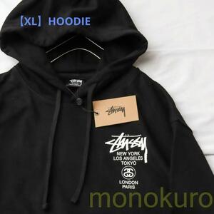 【XL】新品 タグ付き STUSSY ステューシー WORLD TOUR HOODIE パーカー 大きい 裏起毛 プリント ファッション BLACK ST03