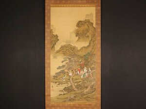 【模写】【伝来】sh3302〈谷文晁〉青緑山水唐子棋遊図 文人画大家 渡辺玄対・清人張秋谷師事 東京の人