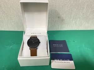 稼働 良品 ベーリング 13436-522 メンズ腕時計 革ベルト ブラック クォーツ クオーツ 腕時計