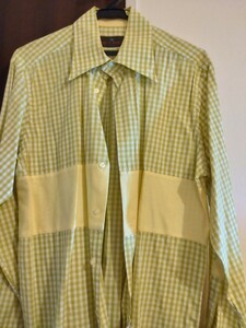 エトロ　ＥＴＲＯ長袖シャツ　鶯色チェック柄　黄緑xベージュ帯