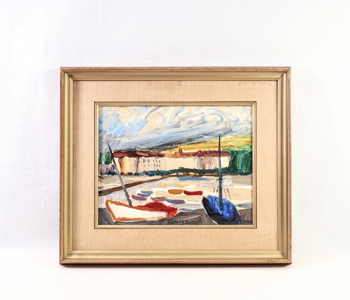 Œuvre authentique de Torajiro Okazawa, 1967, peinture à l'huile Lac Léman (Suisse), taille F6, de la préfecture de Nagano, directeur de la Pacific Art Association, Norimoto Nakagawa, A étudié auprès de Saburo Saito Swiss Riviera 8258, Peinture, Peinture à l'huile, Nature, Peinture de paysage