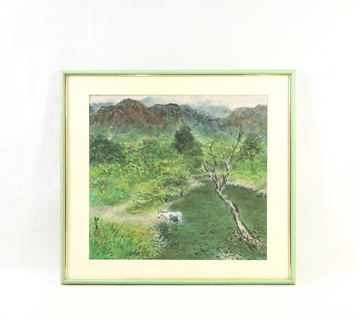 正版作品直原玉精水墨画山村风景尺寸：44cm x 40.5cm 出生于冈山县, 在淡路岛长大, 南方画坛领军人物, 禅僧, 俳句诗人 日本南外马会长和水边农夫 8264, 艺术品, 绘画, 水墨画