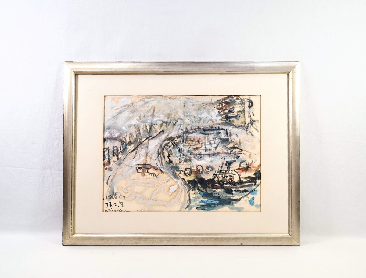 皆川清彦晋作 1978 年水彩画《小樽的冬季运河》 尺寸 54.5 厘米 x 40 厘米 小樽运河和严寒中的运输船, 诗意描绘运河沿岸的城市景观 8304, 绘画, 水彩, 自然, 山水画