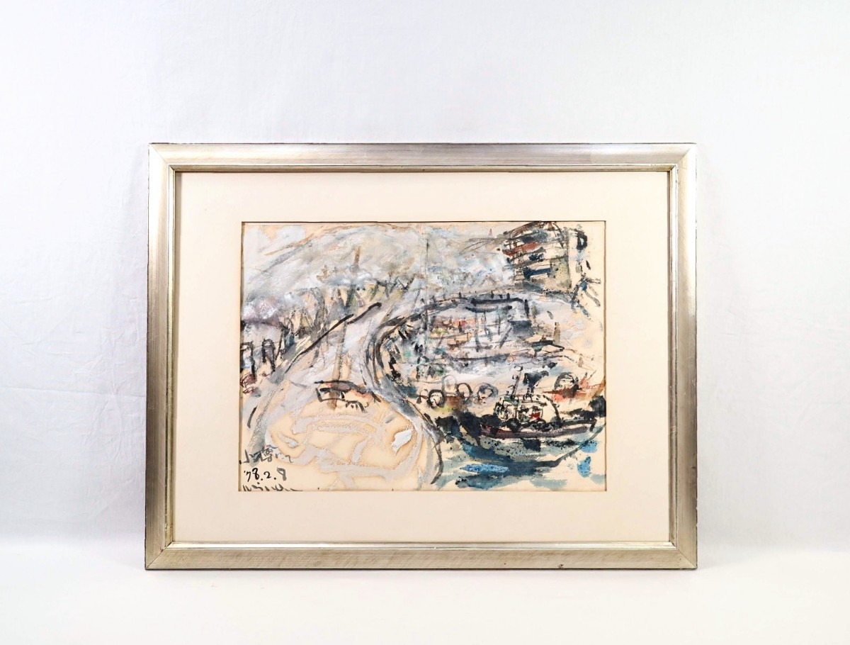 Echte Arbeit von Kiyohiko Minagawa, 1978 Aquarell Winterkanal in Otaru Maße: 54, 5cm x 40cm Otaru-Kanal und ein Transportschiff in der frostigen Kälte, Eine poetische Darstellung des Straßenbildes am Kanalufer 8304, Malerei, Aquarell, Natur, Landschaftsmalerei