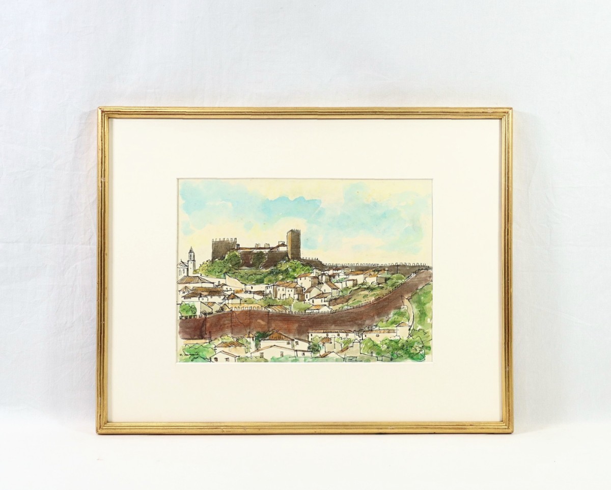 Véritable œuvre de Miyata Osuke, aquarelle Óbidos, Taille Portugal 33 x 24 cm, de la préfecture d'Ehime, Comité de peinture Nikikai, la vieille ville d'Obidos entourée des murs du château, un village sous le contrôle direct de la reine, 8273, Peinture, aquarelle, Nature, Peinture de paysage