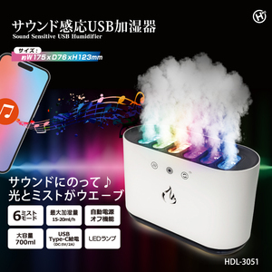 大容量 700ml サウンド 感応 USB 給電式 加湿器 HDL-3051 イルミネーション 6モード 音 反応 自動電源オフ機能 LED