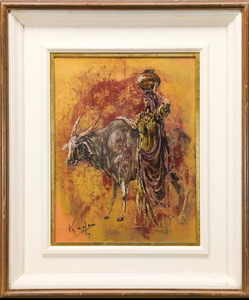 Art hand Auction Autenticidad garantizada Kadohiro Mujer y Vaca (India) Cuadro Óleo Nº 6, 1971, mujer extranjera, Maestro tardío, Miembro de la Asociación de Nueva Producción, Orden del Comandante 2448, cuadro, pintura al óleo, retrato