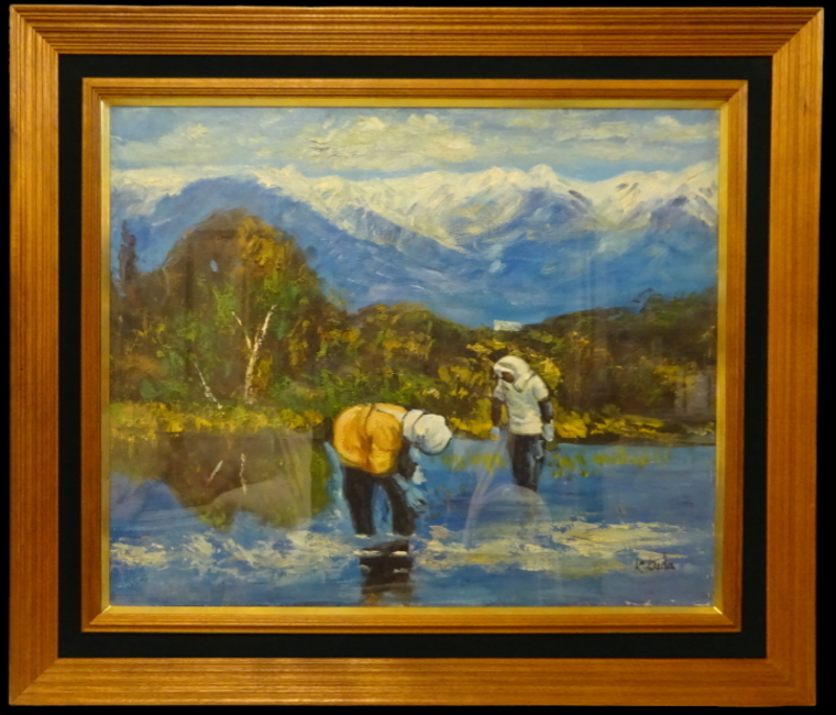 Guaranteed authenticity Kazuo Kudo Rice Planting Landscape Oil Painting F12 Large work Luxuriously framed ◆Single picture handling masterpiece! Chairman of Sogenkai, Councilor of Nitten Depicts a group of fishing villages, painting, oil painting, Nature, Landscape painting