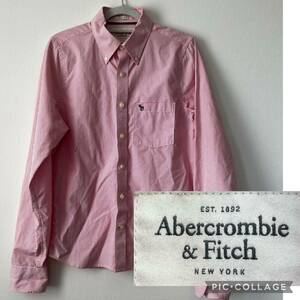 U■Abercrombie&Fitch アバクロンビーアンドフィッチ メンズ Mサイズ ピンク色 長袖シャツ カッターシャツ ボタン チェック柄 刺繍ポケット