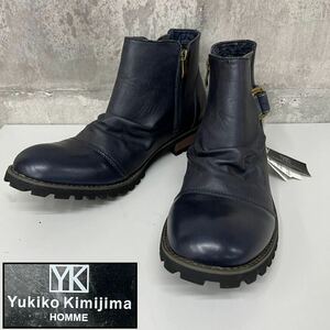 M■ タグ付 Yukiko Kimijima Homme ユキコキミジマ メンズ レザー ショートエンジニアブーツ 28㎝ ネイビー 紺色 YK サイドジッパー 未使用