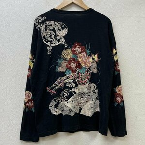 古着 飛翔白麗 和柄 花柄 スリーブ バック 刺繍 クルーネック ロンT Tシャツ Tシャツ L 黒 / ブラック