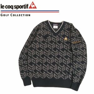 美品 フワフワ極上 lecoq sportif golf GOLF 蓄熱保温 撥水防風 総柄 ニット セーター メンズM ルコック ゴルフウェア デサント 231248