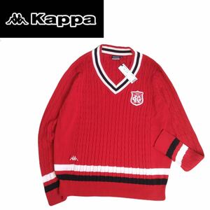 新品タグ付 フワフワ極上 KAPPA GOLF 蓄熱保温 豪華刺繍 ケーブル編 Vネック ニット セーター メンズL カッパ ゴルフウェア レッド 2312204