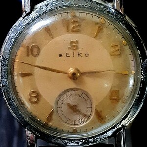 【戯たわむれ屋】 SEIKO セイコー Sマーク スモールセコンド 手巻き メンズ 腕時計 不動ジャンク ヴィンテージ ベルト当時物 アンティーク