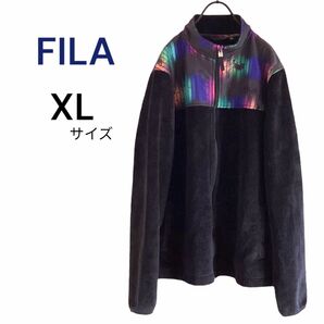 美品　FILA フィラ　ボアフリース　ジップアップ　ブルゾン　黒　XLサイズ フリース ジャケット　カラフル　メンズ