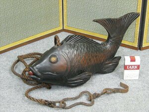 【心庵】時代物　木製　自在鉤　魚　横木　全長46cm　TF008