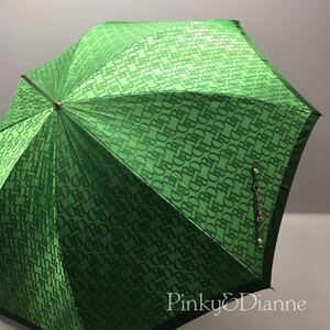 SU■ Pinky&Dianne ピンキー&ダイアン 傘 グリーン 緑 ロゴ柄 総柄 全長約91cm 長傘 雨傘 かさ アンブレラ 女性用 レディース 中古品