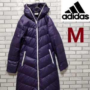 adidas（アディダス）ロングダウンコート M 紫 美品（De43）ロングコートダウンコート ダブルジップ ワンポイントロゴパープル