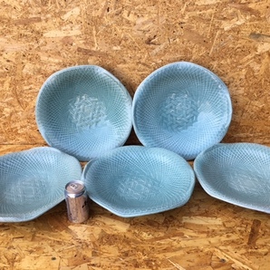 <送料込>中古品 竹網目 大皿 深皿 盛皿 5枚セット 38cm 薄緑 /業務用 ホテル 民宿 旅館 居酒屋 厨房機器 うねり ねじり