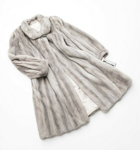 GO9063▼carven furs*木下物産*デンマーク産 サファイアミンク MINK*最高級毛皮*ファーコート セミロングコート*size9-11*シルバーグレー