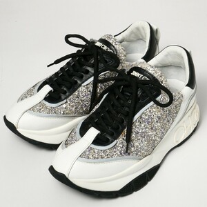 GO8162*イタリア製*ジミーチュウ JIMMY CHOO《RAINE レイン》グリッター*レザースニーカー*厚底*エンボスロゴ*37(23.5cm相当)*ホワイト系