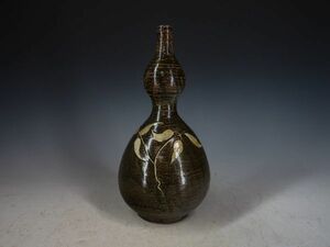 ［李朝 高麗 コレクター品] 黒高麗 花草紋 瓢箪瓶 高さ31㎝ 白磁 朝鮮 韓国12132