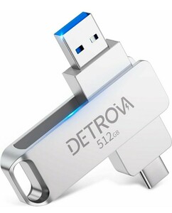 DETROVA USBメモリ 512GB 2-IN-1 USB3.0・Type-C メモリー 大容量フラッシュメモリ 外付け 容量不足解消 小型 360度回転式 