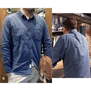 希少★定価22680円 良好 TROPHY CLOTHING トロフィークロージング SBF DELUXE INDIGO SHIRTS インディゴ 長袖プリントワークシャツ 17(XL) 