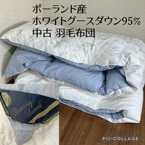 中古品 ポーランド産 ホワイトグースダウン95％ 羽毛布団 1.3㎏ 超長綿 ブルー 150×210cm SL 国産 防ダニ加工 長期保管品 寝具 かけ布団 