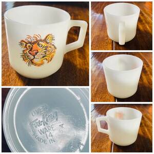 70' vintage fire-king ESSO tiger ad mug◆ビンテージエッソタイガーアドマグ◇当時ミルクグラス◆昭和レトロ◇ファイヤーキング◆美品USA