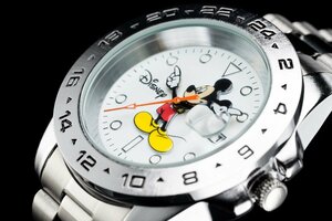 1円～ 1スタ アナザーヘブン×Disney限定MICKEYミッキーマウス別注コラボ時計/美しいオレンジ秒針エクスプローラーⅡ/5気圧新品逆輸入