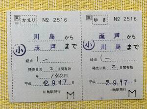 JR東 水戸線 補充往復乗車券 玉戸ー川島 平成2年 他往 川島駅発行