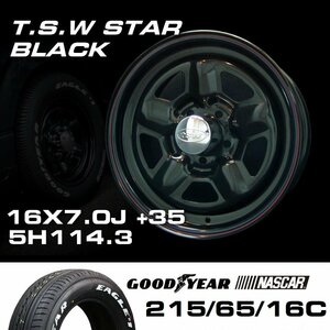TSW STAR ブラック 16X7J+35 5穴114.3 ナスカー 215/65R16C ホイールタイヤ4本セット ハイエース100系や152系ハイラックスなど