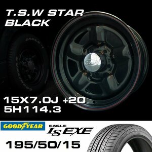 TSW STAR ブラック 15X7J+20 5穴114.3 GOODYEAR LS EXE 195/50R15 ホイールタイヤ4本セット