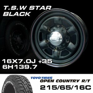 TSW STAR ブラック 16X7J+35 6穴139.7 TOYO OPEN COUNTRY ホワイトレター 215/65R16C ホイールタイヤ4本セット ハイエース200系など