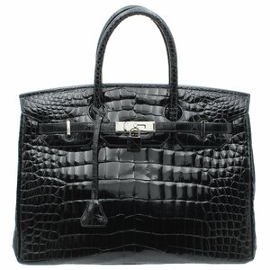 ★C2214 GENUINE CROCODILE SKIN クロコ バーキン型 ハンドバッグ クロコダイル ブラック×シルバー金具 レディース★