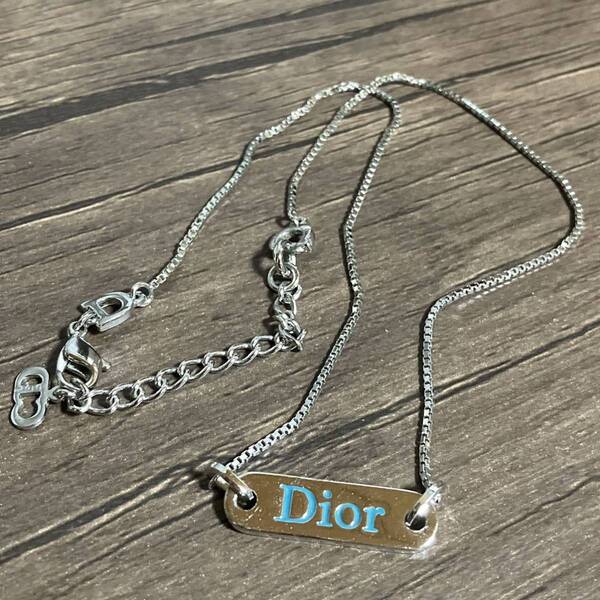 【ws1980】良品 Dior ディオール ロゴ プレート 水色 ネックレス シルバーカラー