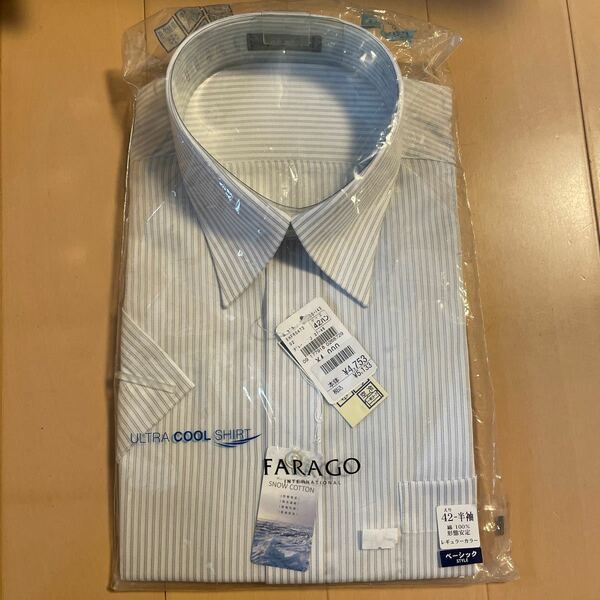 送料無料　新品 FARAGO 半袖 ワイシャツ 42 ドレスシャツ 形態安定 SNOW COTTON 綿100% グレーストライプ ベーシック AOKI アオキ 送料込み