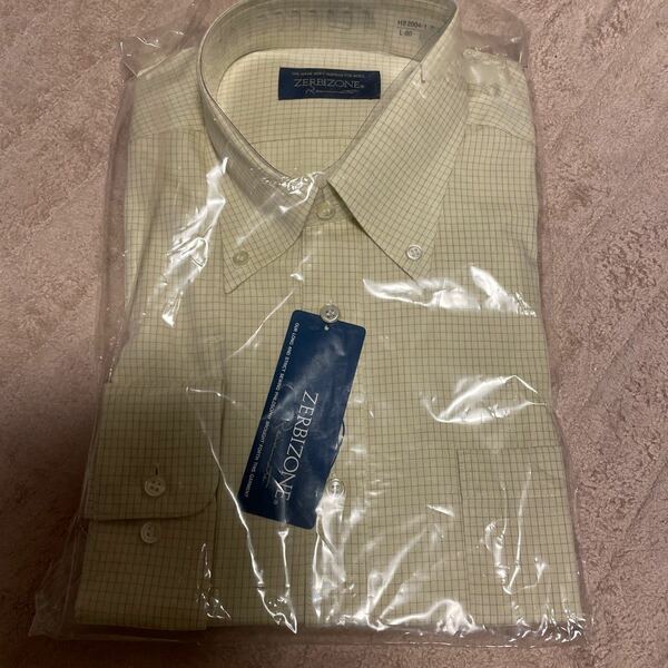 送料無料　新品 ZERBIZONE 長袖ワイシャツ L-80 ボタンダウンシャツ 形態安定 綿100% 黄色格子柄　チェック　日本製　送料込み